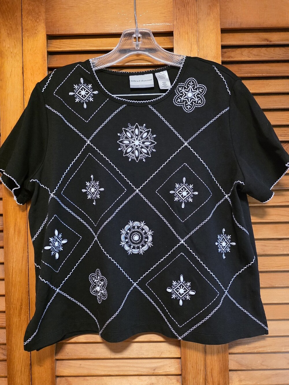 Vtg Alfred Dunner Black White Lattice Stitch Floral Embroidered Top Size PL